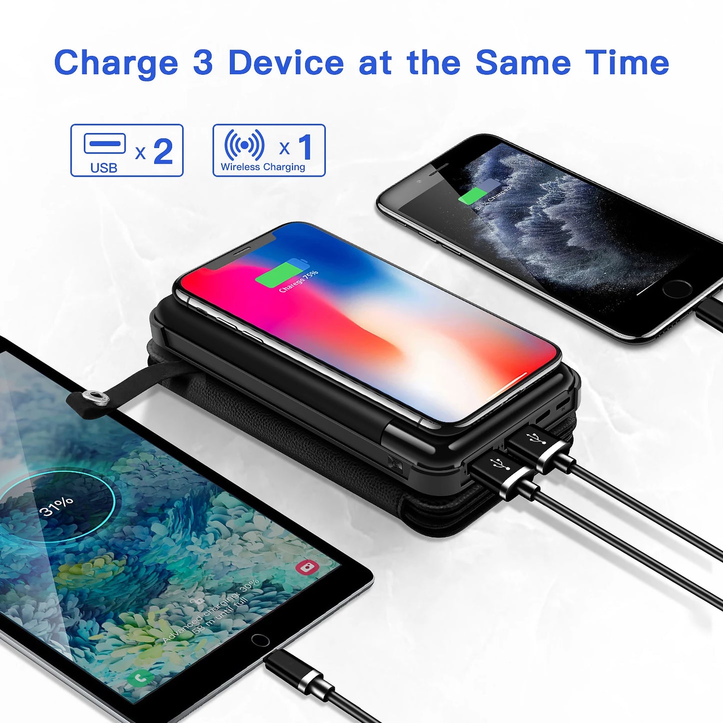 10000mAh Solar Power Bank, Charge 3 devices simultaneously with dual USB and wireless charging. Solar power bank with LED flashlight.