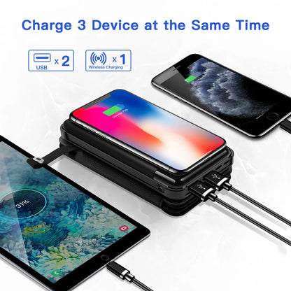 10000mAh Solar Power Bank, Charge 3 devices simultaneously with dual USB and wireless charging. Solar power bank with LED flashlight.