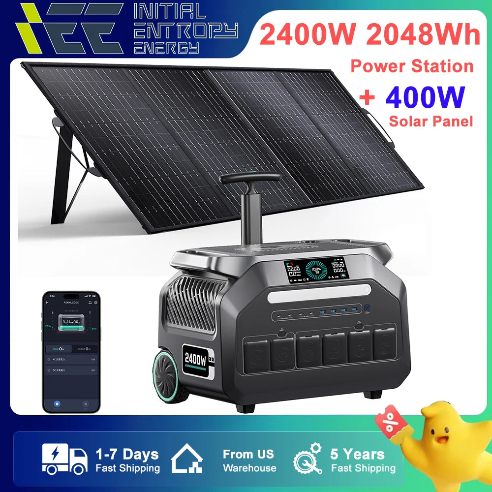 2400W 2048Wh solar generator with 400W panel, APP control, UPS, LiFePO4 battery, US shipping in 1-7 days, 5-year warranty.