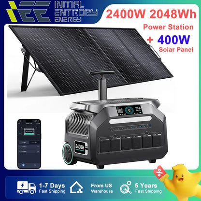 2400W 2048Wh solar generator with 400W panel, APP control, UPS, LiFePO4 battery, US shipping in 1-7 days, 5-year warranty.