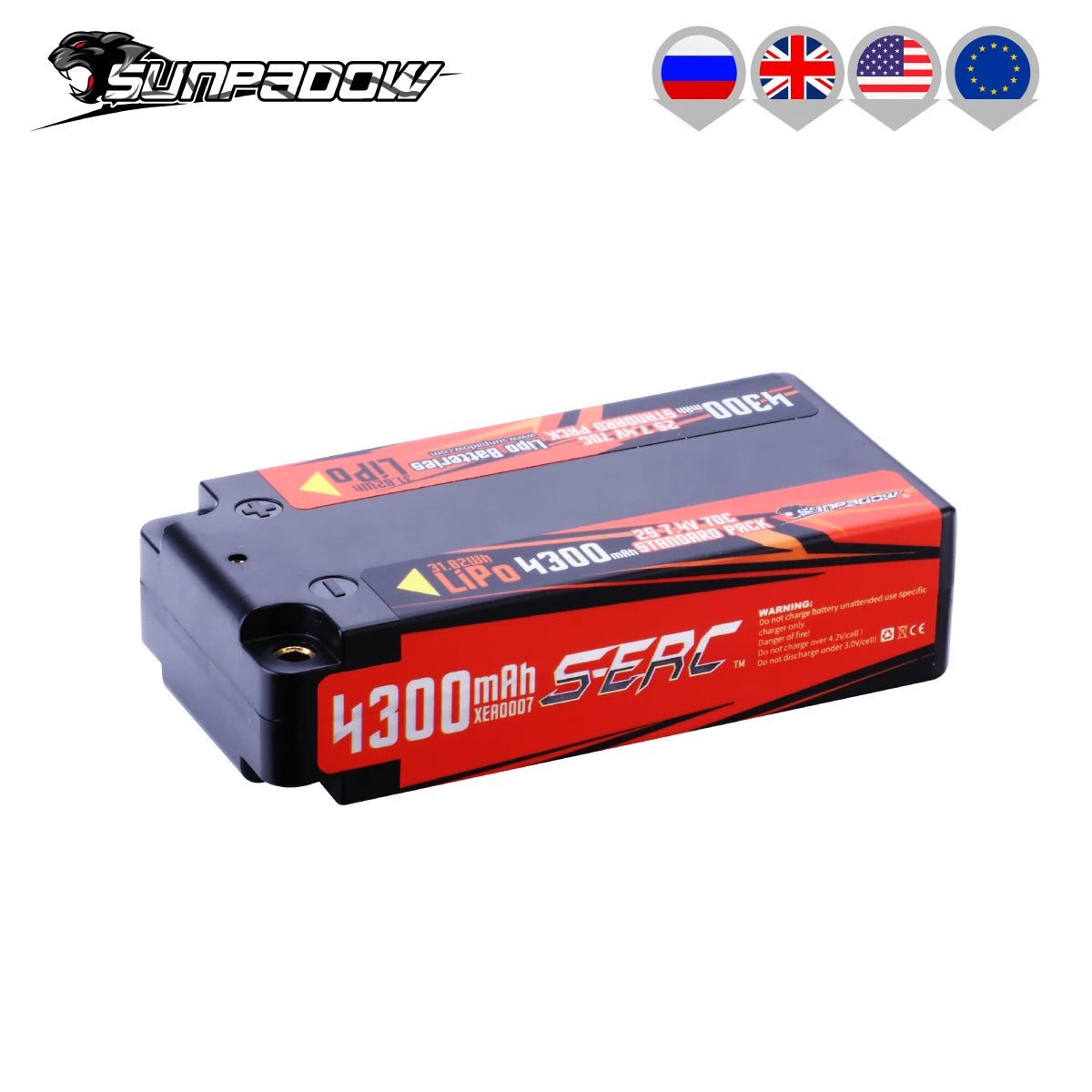 SUNPADOW 2S Shorty Lipo Battery, SUNPADOW 2S 7.4V 4300mAh LiPo battery for RC vehicles; hard case, 70C, 31.82Wh, CE certified. Safety warnings: use correct charger, avoid overcharge/discharge. Red-black design, international use.