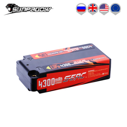 SUNPADOW 2S Shorty Lipo Battery, SUNPADOW 2S 7.4V 4300mAh LiPo battery for RC vehicles; hard case, 70C, 31.82Wh, CE certified. Safety warnings: use correct charger, avoid overcharge/discharge. Red-black design, international use.