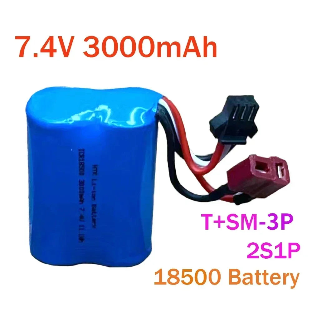 7.4V 3000mAh 2S1P 18500 Lipo Battery, Battery pack for electric RC boat and toy car, featuring 7.4V, 3000mAh capacity, and multiple connector options.