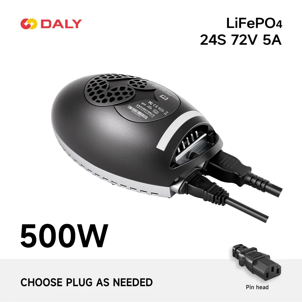 DALY 500W Charging Ball charger graphic showing LiFePO4 24S 72V 5A option and pin head connector