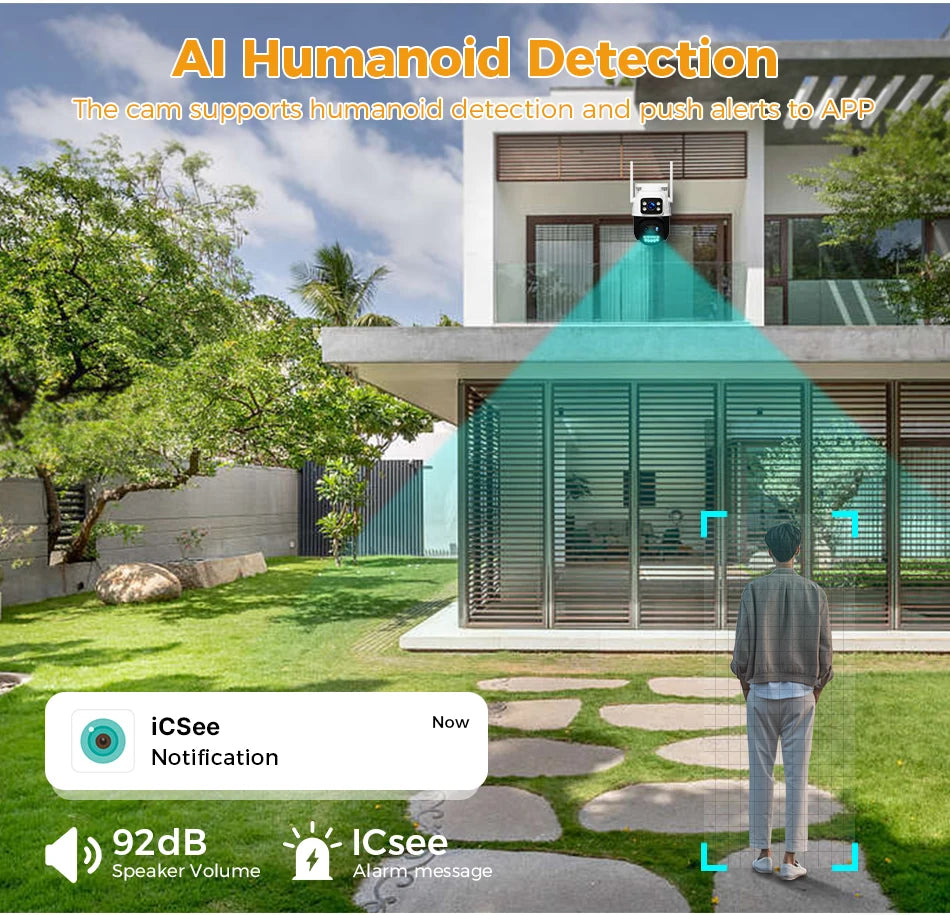 Hiseeu 9MP Camera, Motion detection alerts with loud speaker notification for instant alerts on ICSee app.