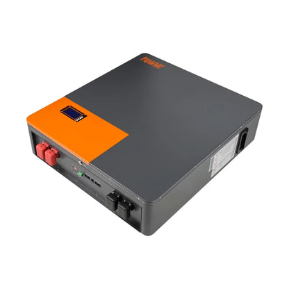 Top angled view of PowMr battery showing side handle, ports panel, and red/black power terminals
