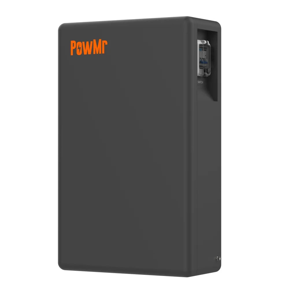 PowMr wall-mount LiFePO4 battery angled view showing recessed side panel opening