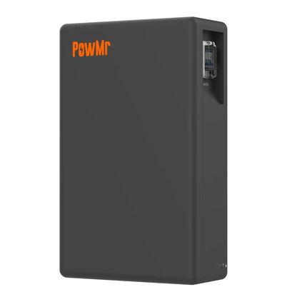 PowMr wall-mount LiFePO4 battery angled view showing recessed side panel opening