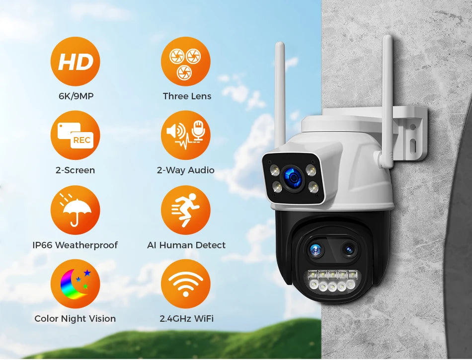 Hiseeu 9MP Camera, Advanced outdoor camera with HD quality, multiple lenses, dual screens, zoom, and wireless features.