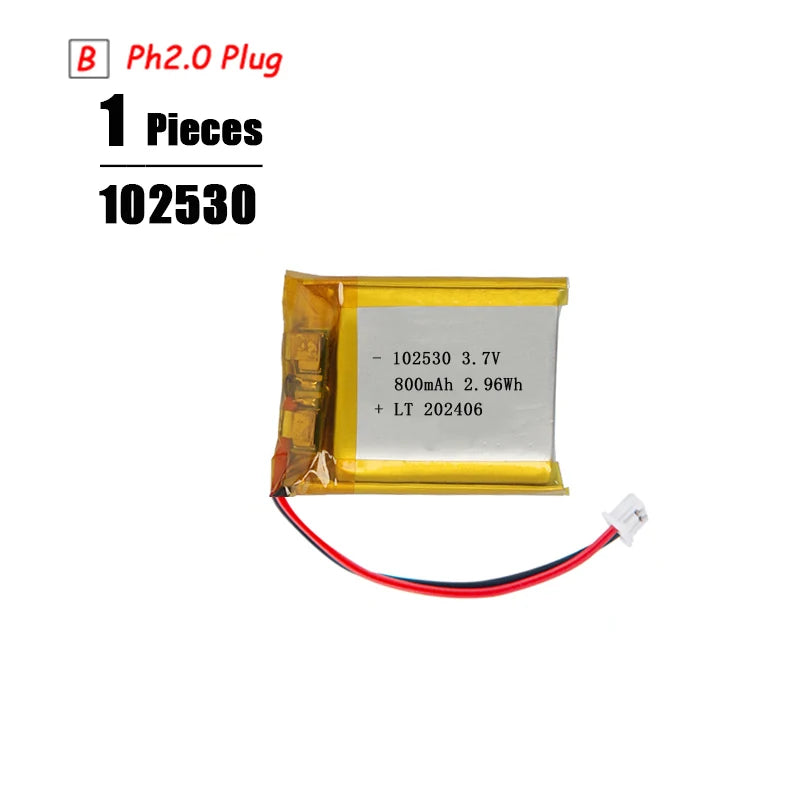 L7ADFJ 3.7V Lipo Battery, 102530 3.7V 800mAh Li-Polymer Battery with PH2.0 Plug