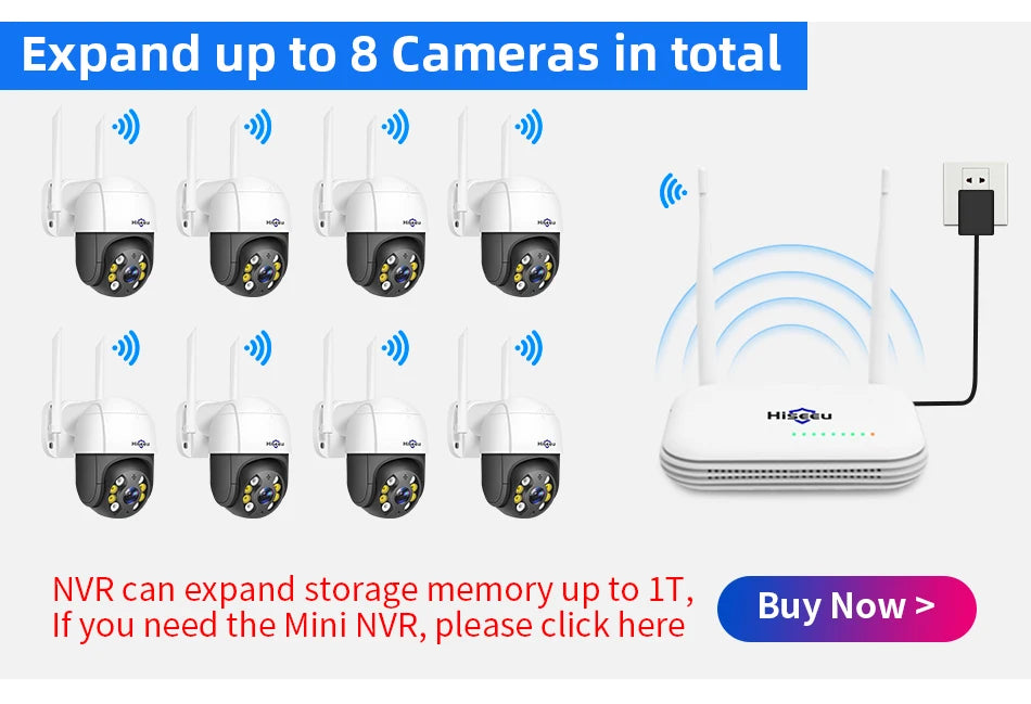 Hiseeu 4K 8MP Smart Wifi PTZ Camera, Expand up to 8 cameras with Hiseeu's NVR supporting up to 1TB storage.