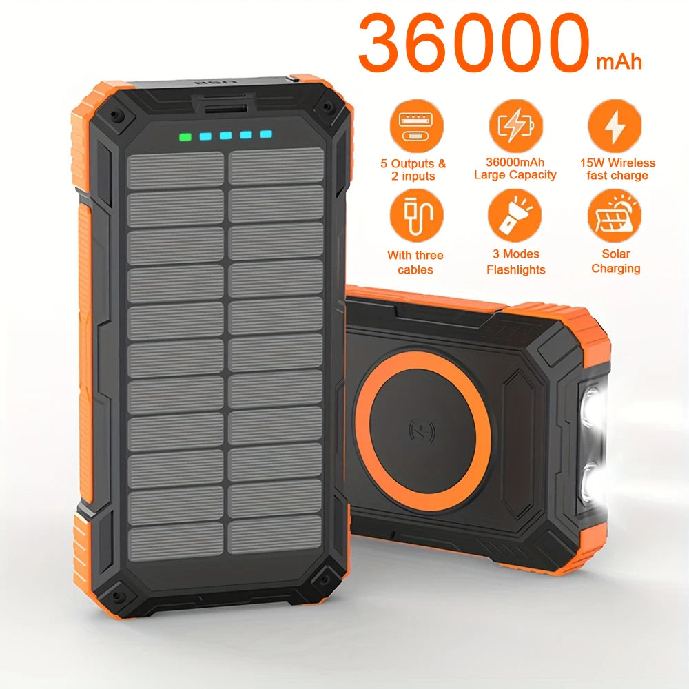36000mAh Solar Power Bank, 15W Wireless Charging, 4 Cables, Flashlight