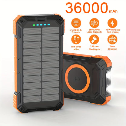36000mAh Solar Power Bank, 15W Wireless Charging, 4 Cables, Flashlight