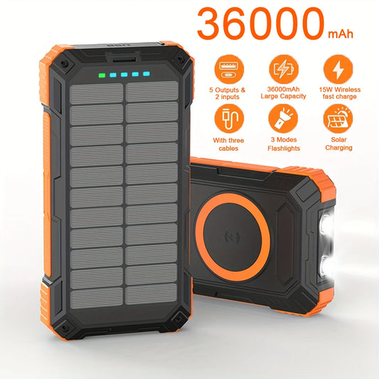 36000mAh Solar Power Bank, 15W Wireless Charging, 4 Cables, Flashlight