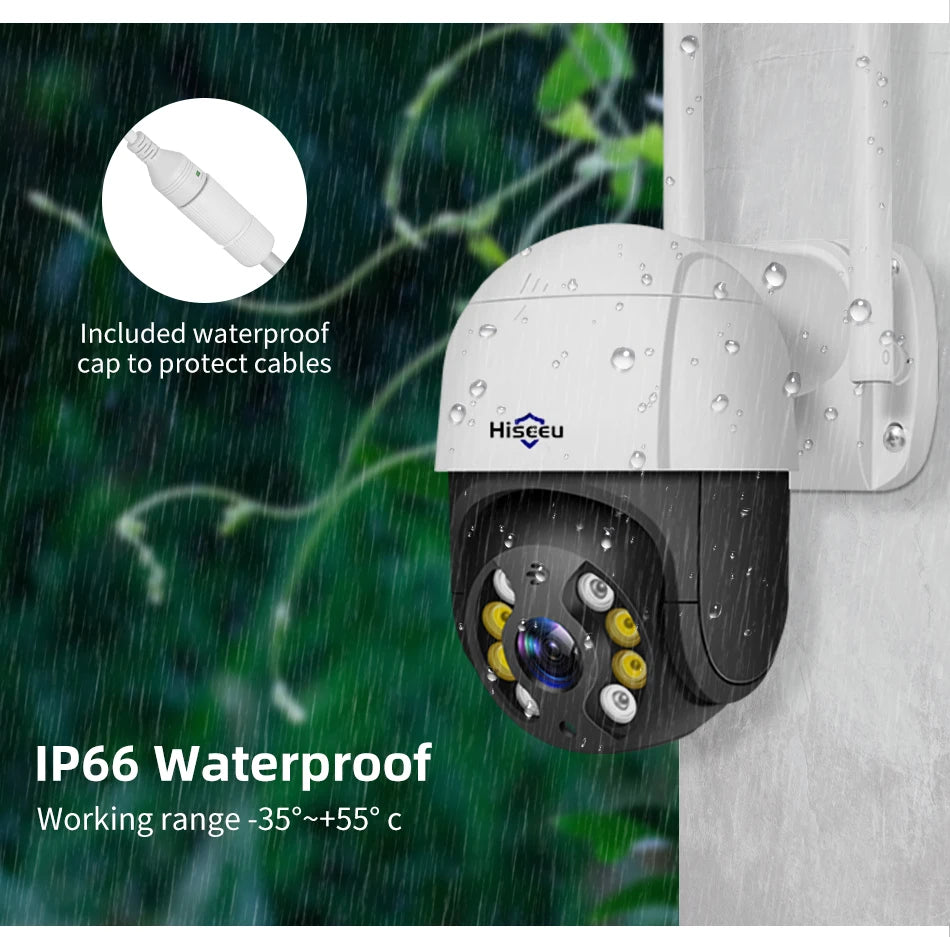 Hiseeu 4K 8MP Smart Wifi PTZ Camera, Waterproof camera with protected installation and working temperature range.