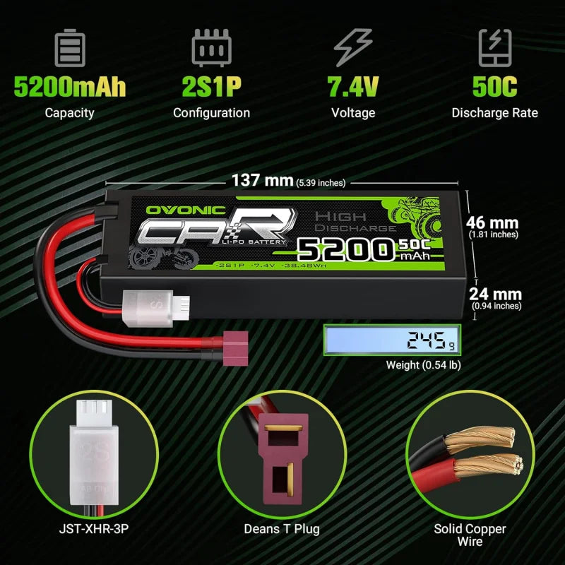 OVONIC 2S Lipo Battery, 7.4V 5200mAh LiPo battery with 50C discharge, hard case, Deans and JST connectors, copper wire, 137x46x24mm, 245g, ideal for RC vehicles and drones.