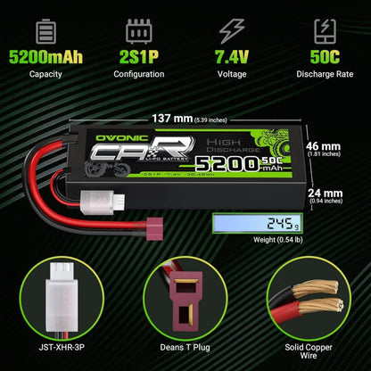 OVONIC 2S Lipo Battery, 7.4V 5200mAh LiPo battery with 50C discharge, hard case, Deans and JST connectors, copper wire, 137x46x24mm, 245g, ideal for RC vehicles and drones.