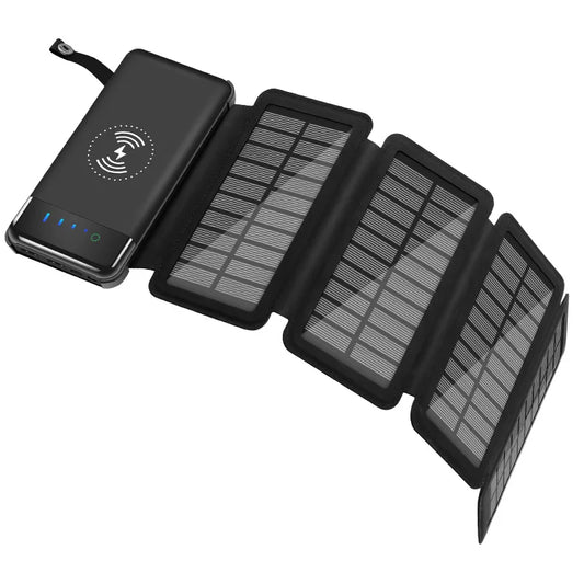 10000mAh Solar Power Bank with 4 Detachable Panels, Qi Wireless & Dual USB, Type-C/Micro Input, LED Flashlight – Outdoor Foldable Charger