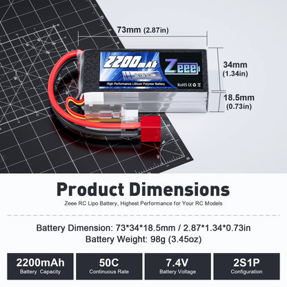 Zeee 2S 2200mAh Shorty RC Lipo Battery, Zeee 2200mAh 7.4V 50C LiPo battery, 98g, T/XT60 plug, softcase, ideal for high-performance RC models.