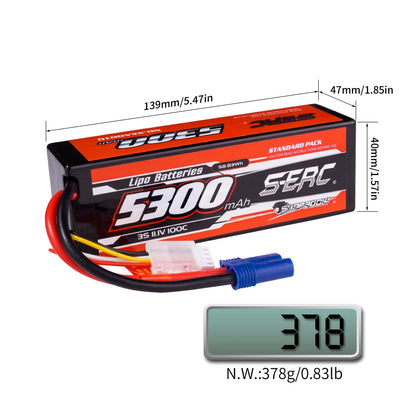 SUNPADOW Lipo Battery, 3S 11.1V 5300mAh LiPo battery, 100C, 58.83Wh, EC5 plug, for RC vehicles. Includes safety guide. 139x47x40mm, 378g.