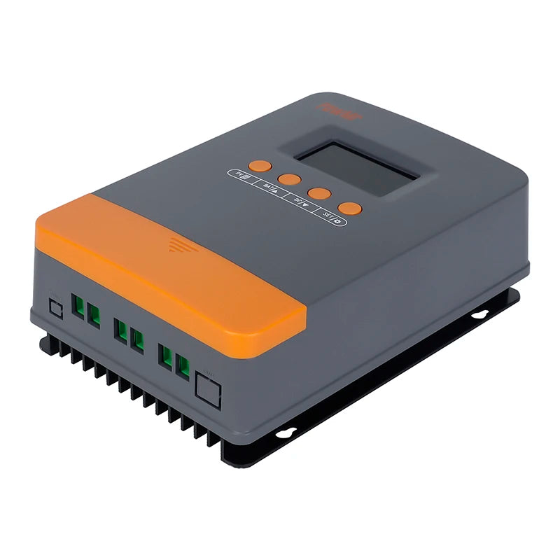 Angled front view of PowMr MPPT solar charge controller showing LCD window, four buttons, and green wiring terminals