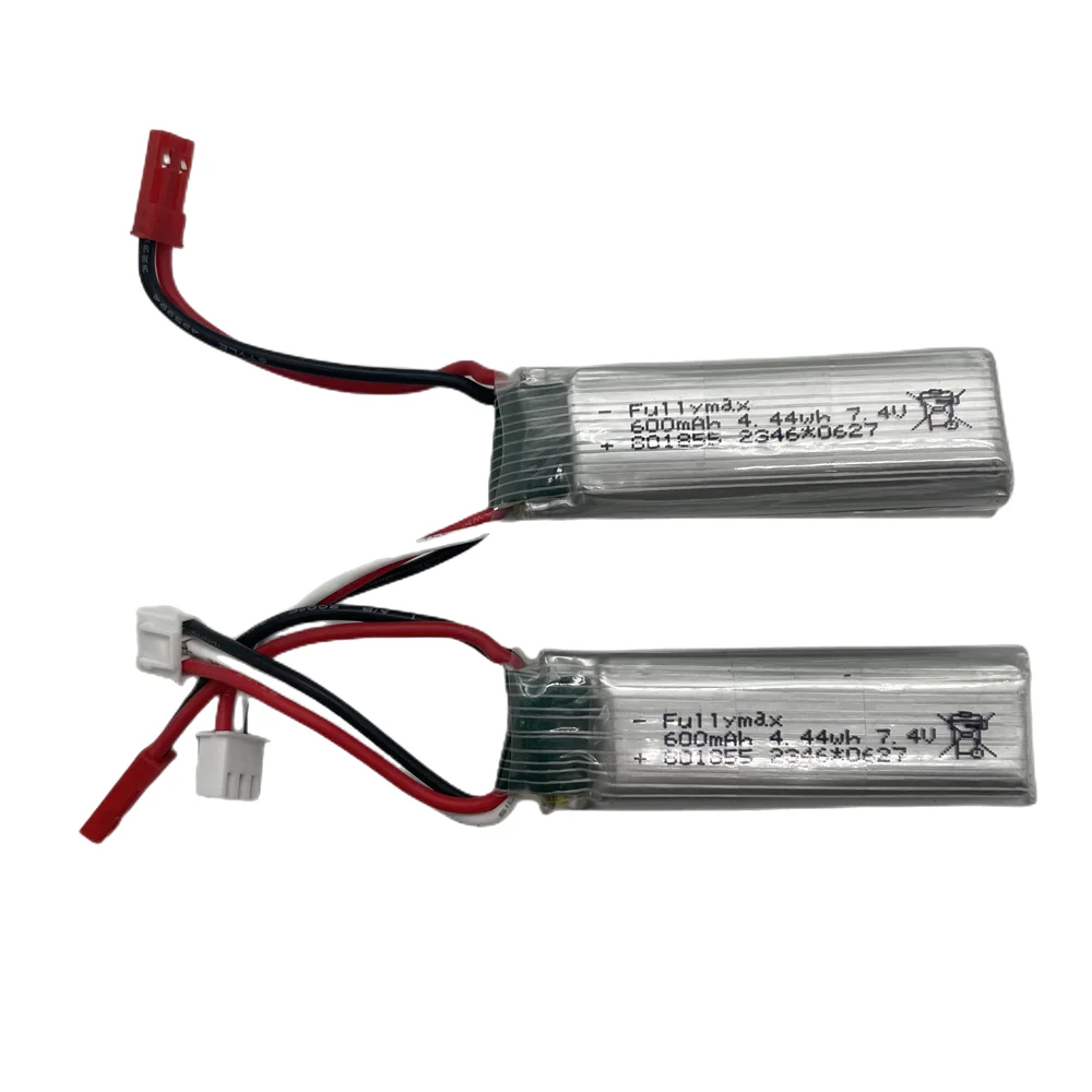 WLtoys XK A280 7.4V 600mAh Lipo Battery, 7.4V 600mAh LiPo battery, 4.44Wh, Fullymax brand, includes wires, connectors, safety markings; ideal for RC airplane replacements.