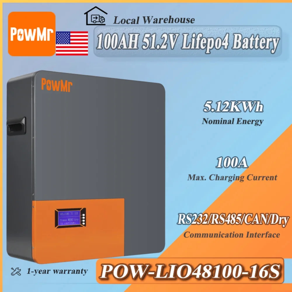 PowMr POW-LIO48100-16S 100Ah 51.2V LiFePO4 battery promo graphic showing 5.12kWh and RS232/RS485/CAN