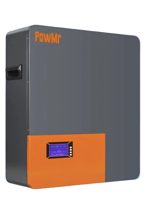 PowMr POW-LIO48100-16S LiFePO4 battery wall-mount unit, grey and orange case with front LCD