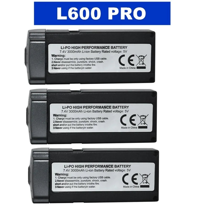 7.4V 3000mAh L600 PRO Li-Po battery, CE certified, high performance. Use only factory USB cable; avoid damage, fire, water, or disassembly. Made in China.