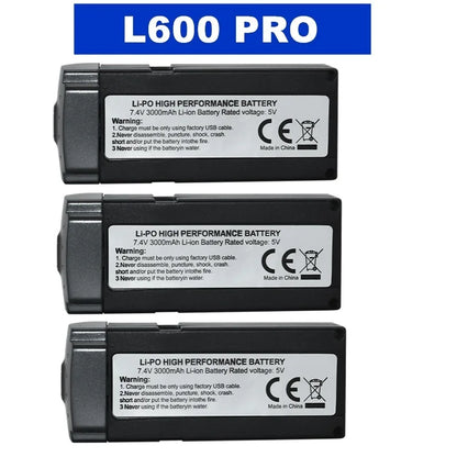 7.4V 3000mAh L600 PRO Li-Po battery, CE certified, high performance. Use only factory USB cable; avoid damage, fire, water, or disassembly. Made in China.
