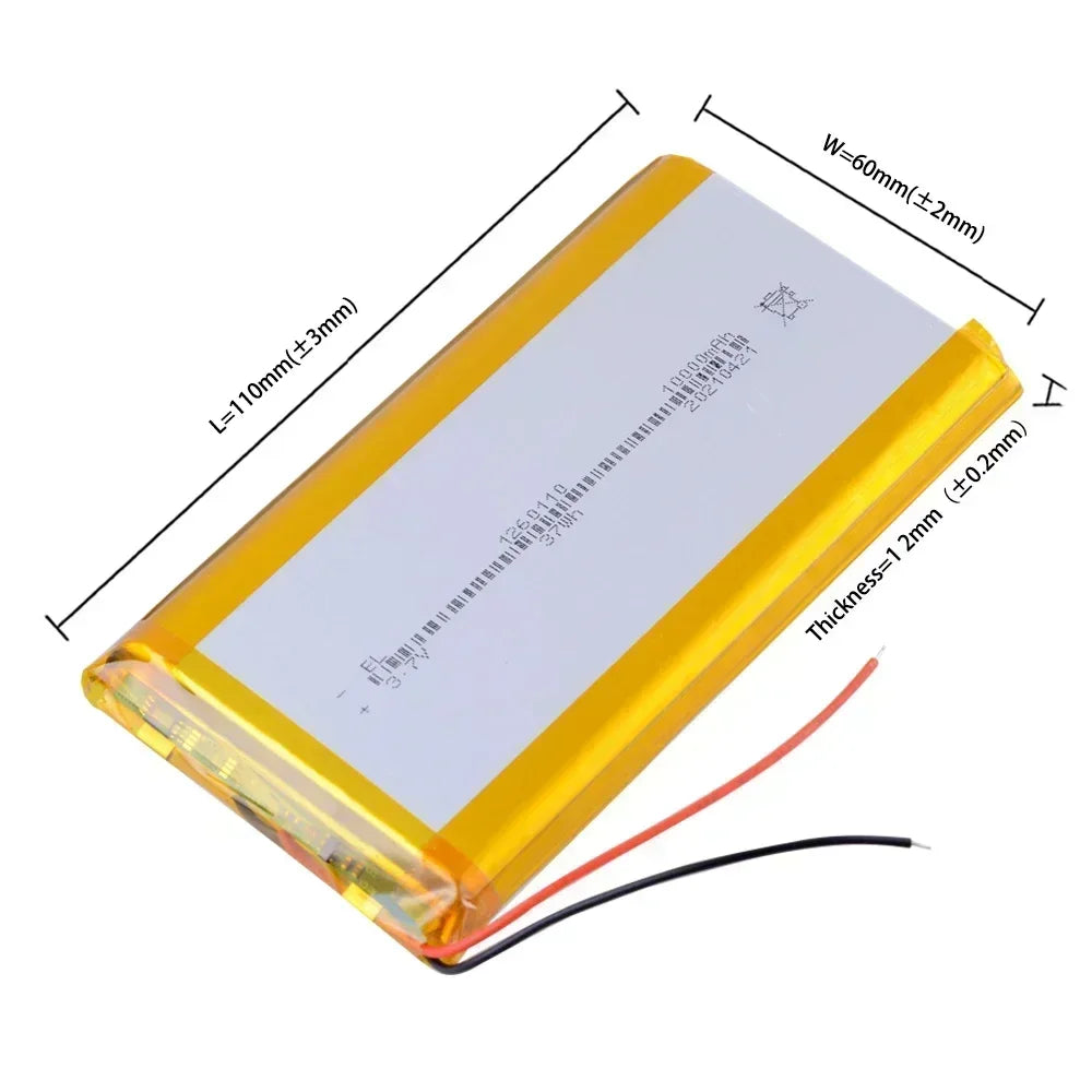 1260110 Lithium Polymer Battery, 3.7V 10000mAh Li-Po battery, 110x60x12mm, ideal for power banks, laptops, LEDs, and camping DIY projects.