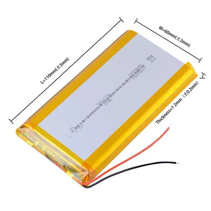 1260110 Lithium Polymer Battery, 3.7V 10000mAh Li-Po battery, 110x60x12mm, ideal for power banks, laptops, LEDs, and camping DIY projects.