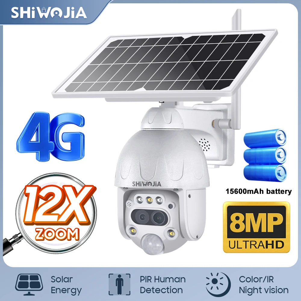 SHIWOJIA S379 Solar Camera, S379 Solar Camera with 8MP zoom, HD sensor, IR detection, night vision, and long-lasting 15600mAh battery.