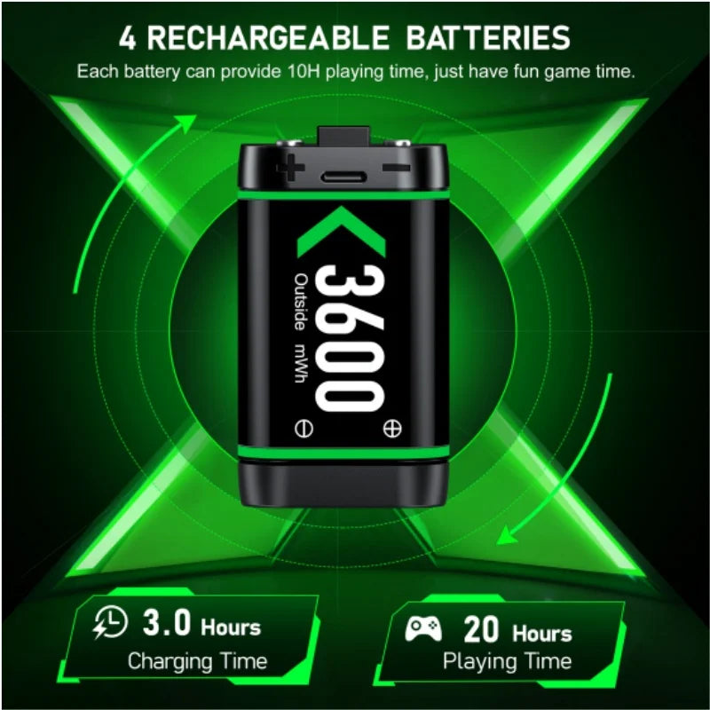 Rechargeable Battery, Four 3600mAh rechargeable batteries for Xbox controllers, fully charged in 3 hours, provide up to 20 hours of playtime each.