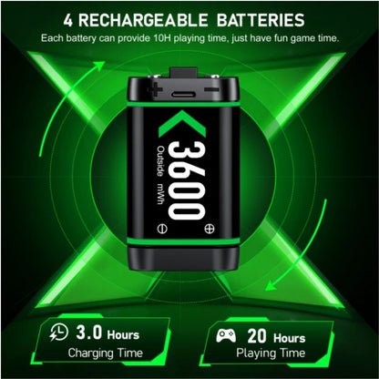 Rechargeable Battery, Four 3600mAh rechargeable batteries for Xbox controllers, fully charged in 3 hours, provide up to 20 hours of playtime each.