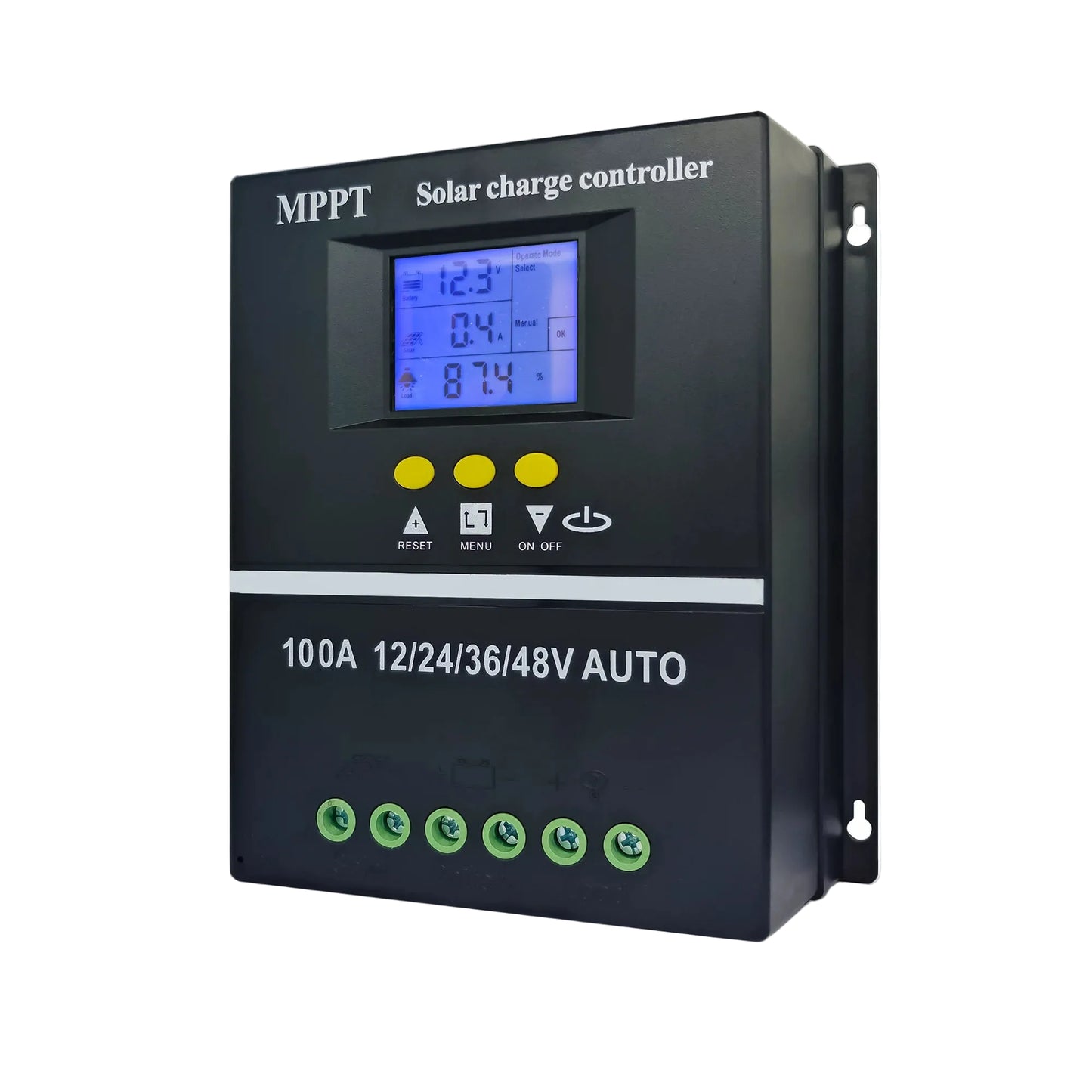 POWLSOJX MPPT Solar Charge Controller 100A, LCD display and control buttons, front view