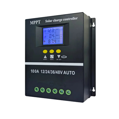 POWLSOJX MPPT Solar Charge Controller 100A, LCD display and control buttons, front view