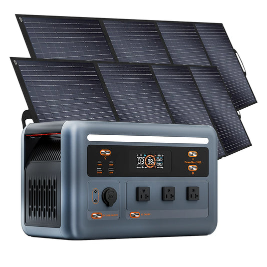 OSCAL PowerMax 1800 Portable Power Station, 1800W portable power station with 1024Wh LiFePO4 battery, solar panels, IP54 rating, multiple outlets, and USB ports for reliable off-grid power.