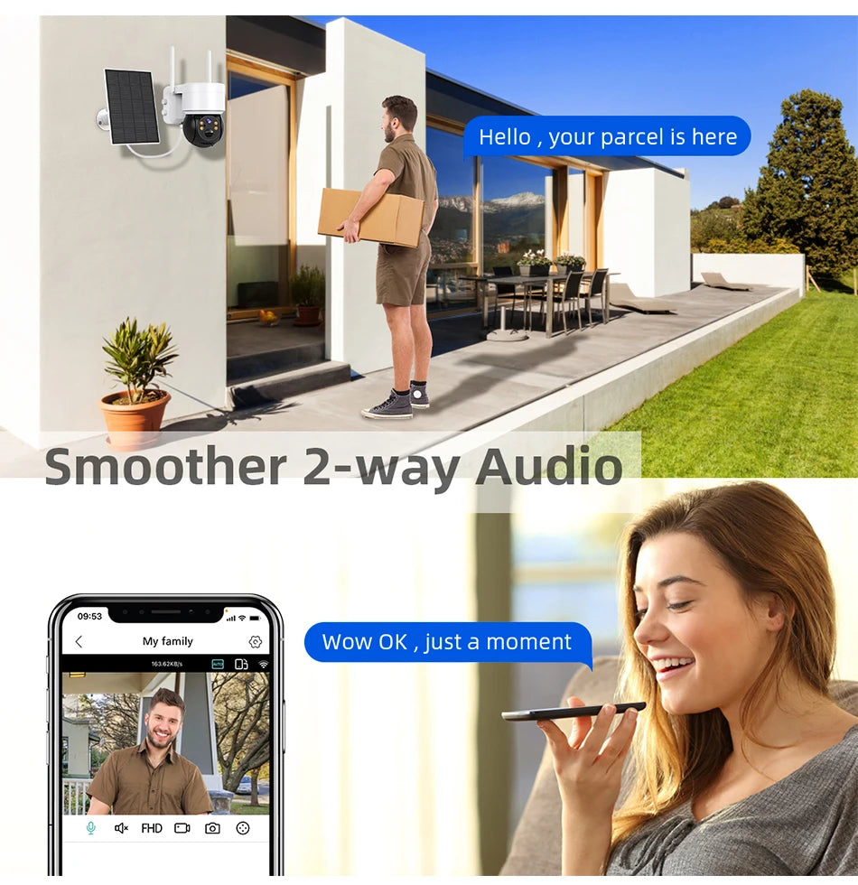 Hiseeu WTD512 1080P 2MP Solar Camera, Hello my parcel is here Smoother 2-way Audio 09:53 My family Wow OK just