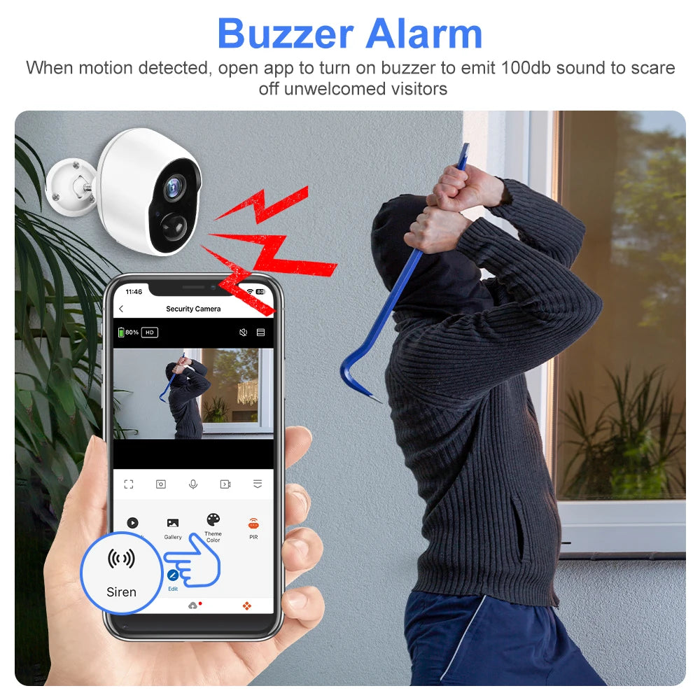 REHENT 3MP Solar Camera, Buzzer Alarm When motion detected, open app to turn on buzzer to emit 10Od