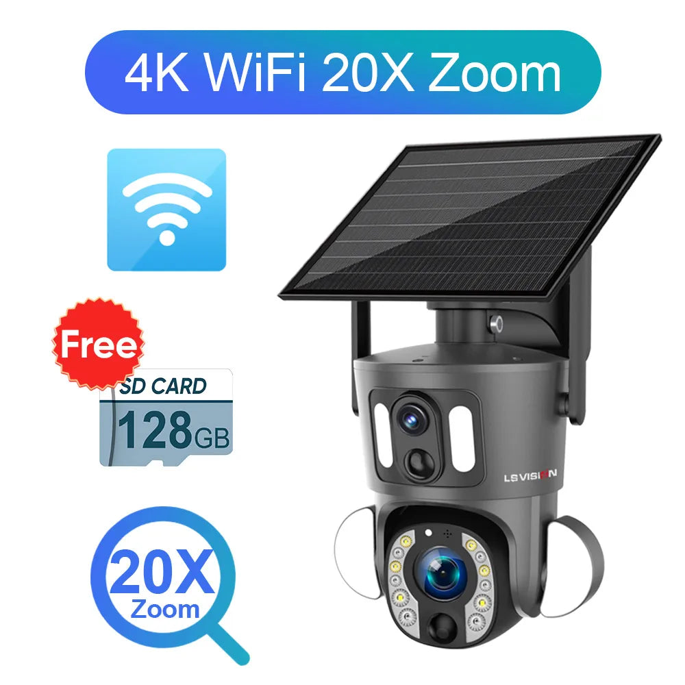 LS VISION 4K Solar Camera - 20X Optical Zoom Dual Screen Outdoor 8MP 4G/WiFi PTZ Dual PIR Detection Auto Tracking Security Cameras