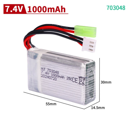 7.4V 1200mAh 25C 703048 Lipo Battery, 7.4V 1000mAh 25C LiPo battery, model 703048, includes JST and Tamiya connectors, ideal for small RC devices requiring reliable power.