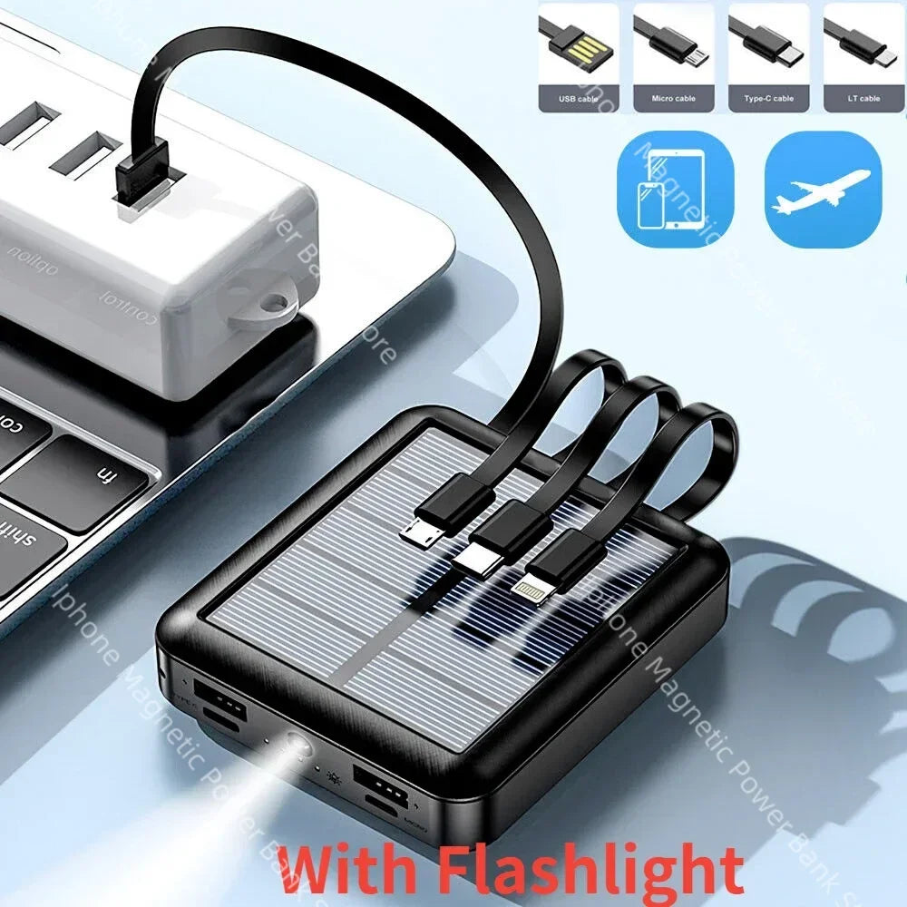 Portable Solar Power Bank 10k/30k/50k mAh - Built-in Cables, 5-Device Fast Charging, LED — for iPhone/Samsung/Xiaomi