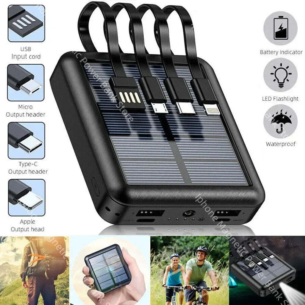 Portable Solar Power Bank, Solar power bank with cables, fast charging, LED light, waterproof.