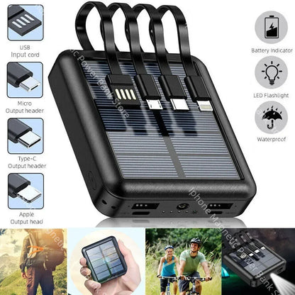 Portable Solar Power Bank, Solar power bank with cables, fast charging, LED light, waterproof.