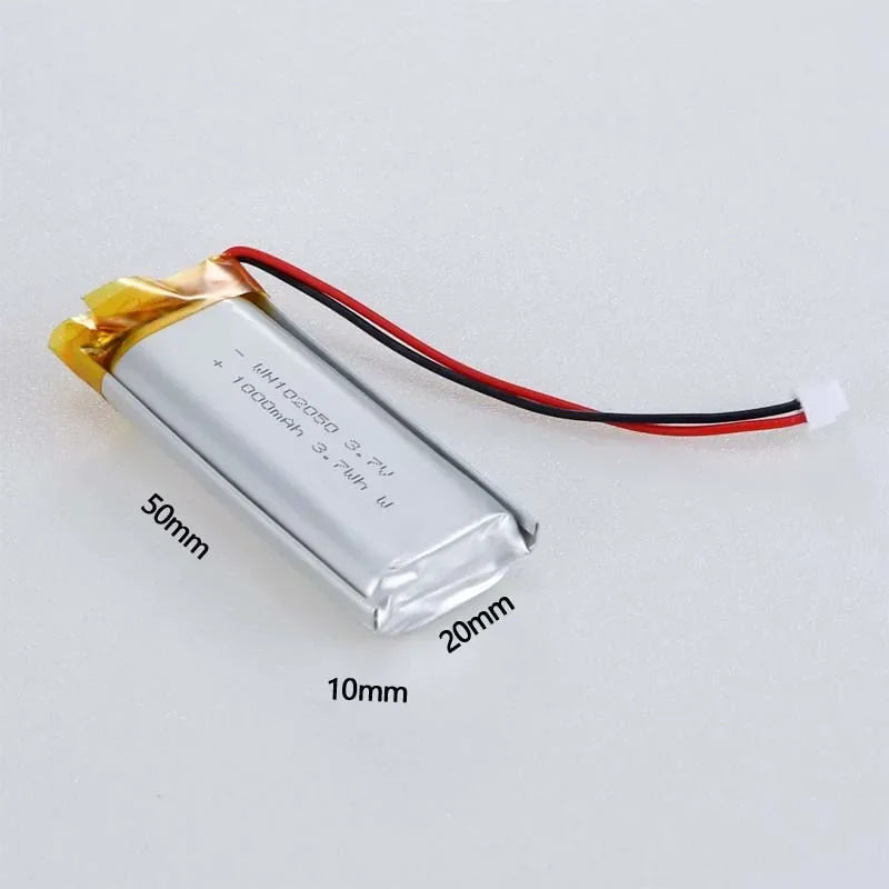 3.7V 1000mAh Li-Po battery, 50x20x10mm, JST PH 2.0 connector, ideal for Bluetooth speakers and DIY projects.
