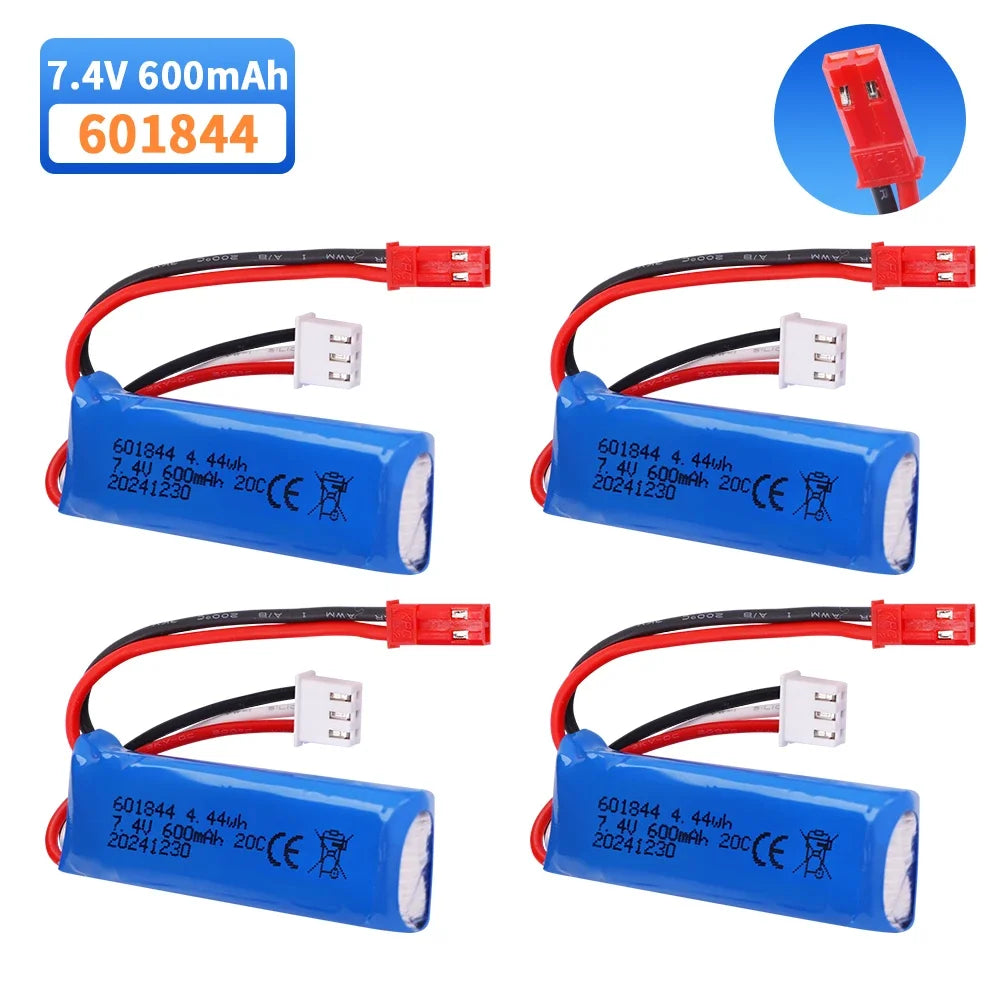 601844 7.4V 600mAh 2S Lipo Battery, 601844 battery for WLtoys K969/9/9/99 and P929/9 RC cars, features 7.4V, 600mAh, 2S Lipo design with JST plug.