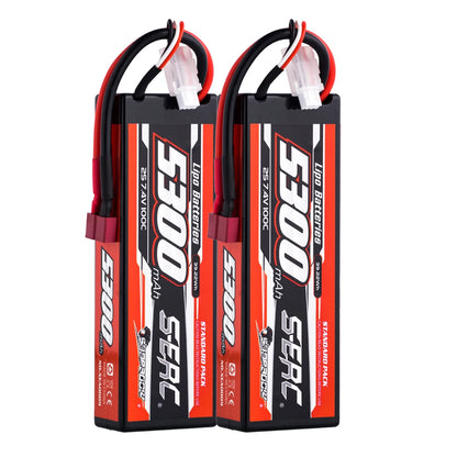 SUNPADOW Lipo Battery 5300mAh 2S/3S/4S 7.4V/11.1V/14.8V 100C, EC5/T Plug, 2 Packs for RC Car Plane Truck Boat