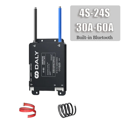 DALY BMS with built-in Bluetooth graphic showing 4S–24S and 30A–60A range, includes cables shown