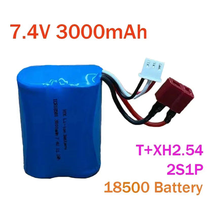 7.4V 3000mAh 2S1P 18500 Lipo Battery Pack with T, SM-2P/3P/4P, JST, XT30 for Electric RC Boat & Toy Car